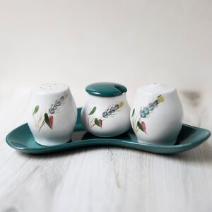 Denby Greenwheat Tray Set Salt Pepper Mustard Jar No Spoon made in England VTG